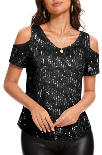 DRESSTELLS Pailletten Oberteil Damen Schwarz Glitzer Shirt Schulterfreies Metallic Top Elegant Festliche Blusen Sommer Party Outfit Schwarz M