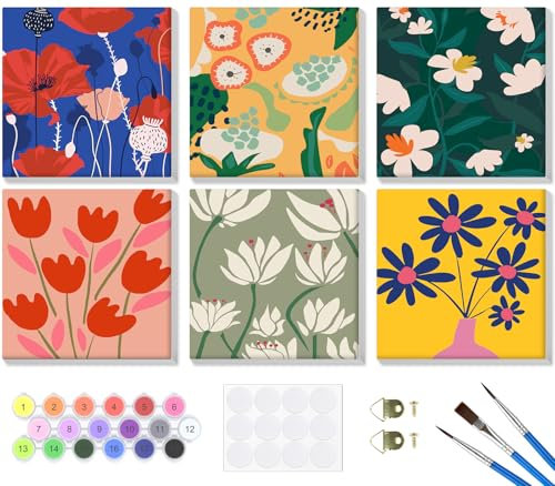 Lxmsja 6 Pièces Peinture Numero Adulte Enfant avec Cadre, Fleurs Colorés Peinture par Numero Adulte, Numéro d'art avec Pinceaux, Loisirs Créatifs Adultes, Activité Manuelle Adulte, 20x20cm