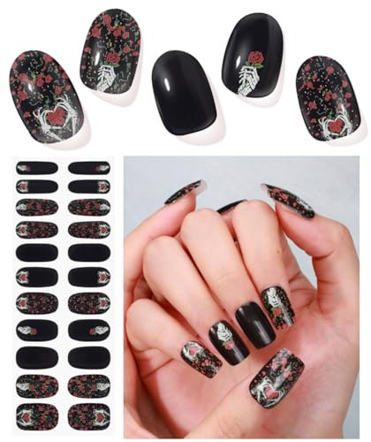 Gelnägel zum Aufkleben - 22 Stück Nagelsticker Schwarz Rose Gel Nail Strips Nail Art Sticker Herbst Nagelfolien Selbstklebend Nagelfolie Nail Art Sticker DIY für Weihnachten Party