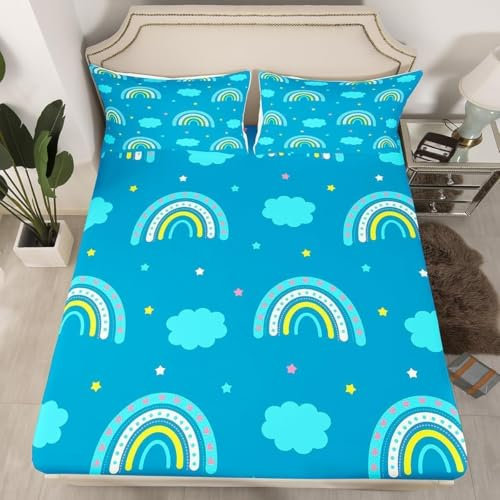 3D Spannbettlaken 90x200 Blauer Regenbogen Bettlaken Weiches Atmungsaktiv Spannbetttücher Blauer Regenbogen Mikrofaser Spannbetttuch Tiefe Tasche 30 cm Mit 2 Kissenbezügen 80x80 cm G1532