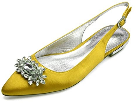 ZhiQin Yellow,3 UK,Women Ballet Pumps White Satin Wedding Shoes Flat Soft Sole Casual Slip On Prom Party Shoes with Rhinestone