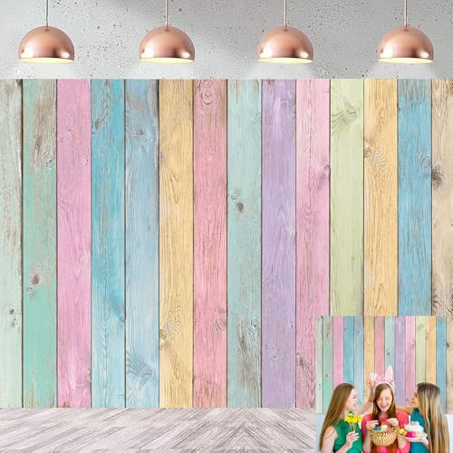 Colorful Wood Photography Backdrops Easter Pastel Rustic Rainbow Wood Spring Background Girls Boys Kids Baby Portrait Baby Shower Birthday Party Decorations Photo Props (8x6FT)