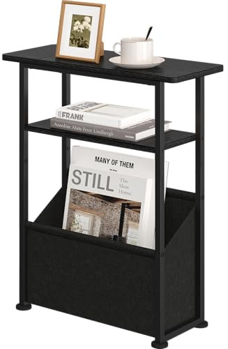 Yusong Narrow Side Table for Small Spaces, Skinny End Table with Storage Basket, 3 Tier Slim Sofa Couch Bedside Table, Thin Nightstand for Bedroom, Living Room, Black