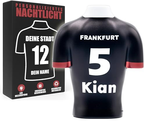 LAMPARENA - Fußball-Nachtlicht für Groß & Klein – LED-Namensschild mit Wunschname, personalisierte Trikot-Nachtlampe, einzigartige Deko & Fussball Geschenk für Männer [Schwarz-Rot | 25x30 cm]