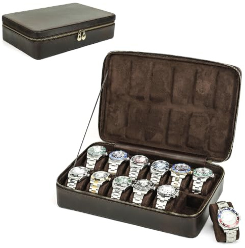 Contacts Uhr Aufbewahrungsbox, Crazy Horse Leder Große Kapazität Reisekoffer Uhr Display Protector Zip Organizer Beutel Collector (Dunkel Kaffee, 12 Schlitze)