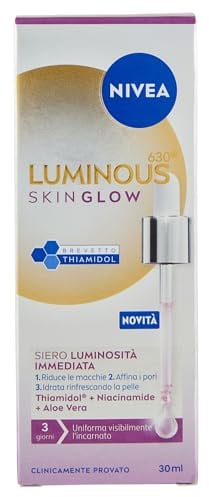 NIVEA Luminous630 Skin Glow Siero Viso Luminosità Immediata 30 ml, Siero antimacchia viso idratante per un incarnato uniforme e luminoso, Face serum con Niacinamide, Aloe Vera e Thiamidol brevettato