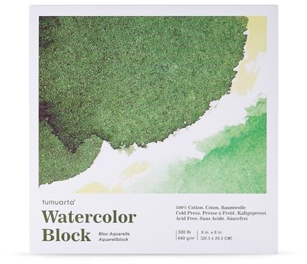 tumuarta 640 GSM Aquarell Papier block, 100% Baumwolle, 10 Blatt, säurefrei, kaltgepresst, Mediaskizzenbücher für Wasserfarben, Acryl und weitere trockene und nasse Medien (20.3x20.3 CM)