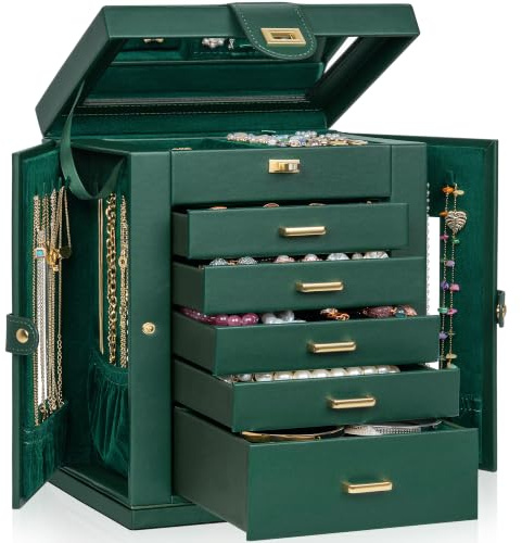 AKOZLIN Große Schmuckschatulle mit 6 Ebenen, funktional, um 360 ° drehbar, Schmuck-Aufbewahrungsbox für Damen, Mädchen, Ringe, Halsketten, Ohrringe, Armbänder, Halter mit Spiegel