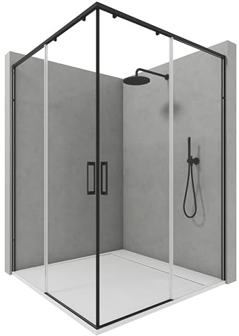 NEBADOON Mampara de Ducha Angular 2 Fijos + 2 Correderas - Mamparas de ducha Corredera Cristal Templado 6 mm Antical Negro Mate Puertas Reversibles – 67,5–70 x 97,5–100cm Adaptable 4cm x 195cm Alto
