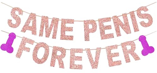 Tourima Same Penis Forever Girlande, JGA Deko Frauen in Roségold und Lila | Die zweiteilige JGA Girlande zeigt den Spruch „Same Penis Forever“ in Roségold und zwei lila Motive für freche Partydeko.