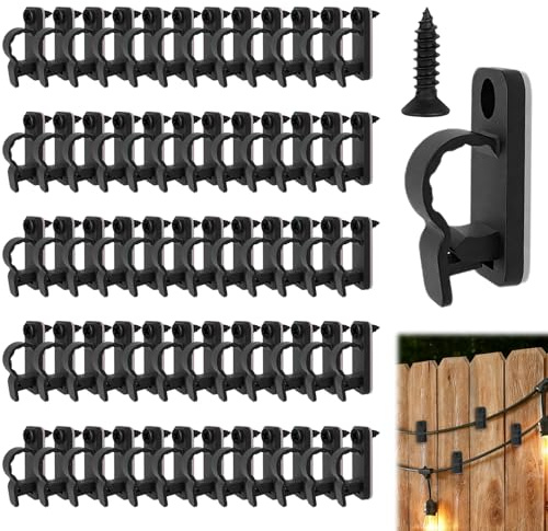 HOCUCHELAND 60 Pcs Screw in Hooks, Fence Hooks for Outdoors Lights with 60 M4×8mm Screws, Outdoor Light Hook with Safety Buckle, Outdoor Hook for Lights Courtyard, Garden, Wall, Festival,Patio