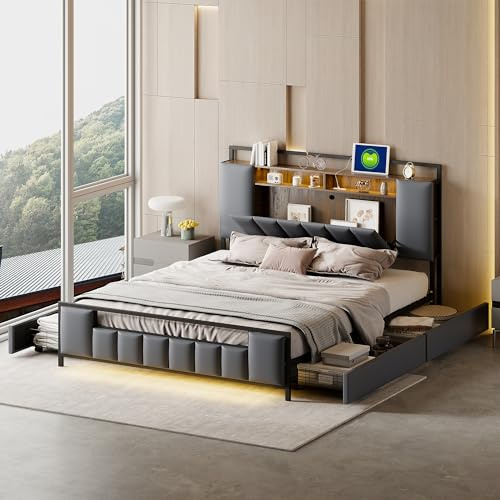 boorbin Polsterbett 160 * 200 cm, Multifunktionsbett mit LED-Licht, mit USB-Steckdose, mit Schubladen, Bettgestell aus massivem Eisen, Jugendbett, Erwachsenenbett, Doppelbett, Kunstleder, Grau