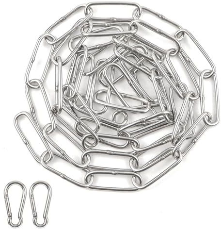 BEASAFY Cadena de acero de 3 mm de diámetro, cadena de acero inoxidable de 1,5 m, venta por metros, cadena de acero inoxidable con 2 mosquetones, cadena de acero redonda plateada, cadenas pesadas para