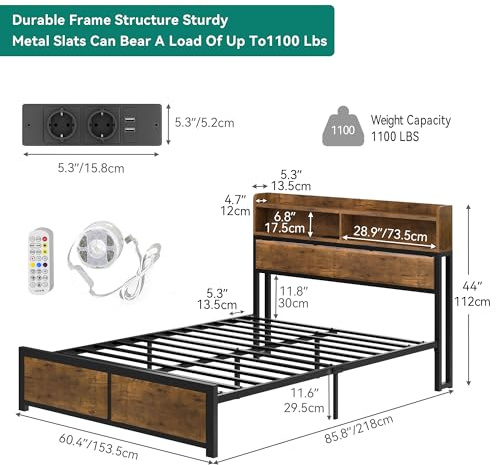 YITAHOME Bed Frame,LED with Headboard,USB Ports & Charging Outlets,Metal Platform Bed Frame with 2 Tiers Storage Shelves, No Box Spring Needed King Size Wood color