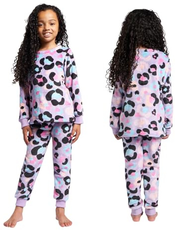 OHS Kids Fleece Pyjamas Girls Boys Leopard Print Long Sleeve Pyjama Set of 2 Pullover Fleece Winter Nightwear Children Sleepwear PJs Sets Gifts for Kids Age 7-8, Lilac