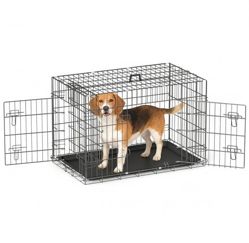 Folding Dog Cage with 2 Doors, Removable Tray, 91 x 57 x 64 cm, Dog Carrier, Rabbit, Puppy and Pets, Metal, Black