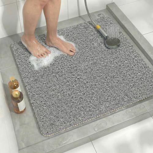 Tappetino Doccia Antiscivolo Quadrato 60x60 cm con Drenaggio, Tappeto Bagno Antiscivolo Morbido, Tappetino da Bagno Antimuffa ad Asciugatura Rapida per Famiglie Grigio