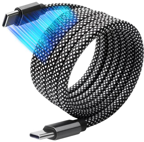 Magnetic USB C Cable 60W, Coiled USB-C to USB-C Retractable Nylon 1M | Magnetic charging cable Compatible With iPhone, MacBook, Galaxy, iPad, anti-tangle coiled design, travel and desk use