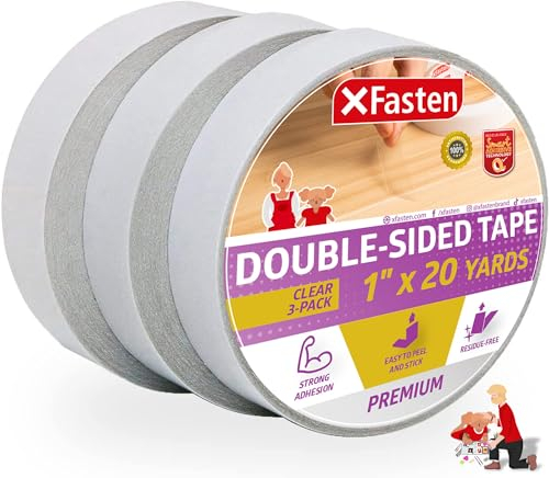 XFasten Doppelseitiges Klebeband klar, entfernbar, 1 Zoll auf 20 Yards (25,4 mm x 18,28 m), 3er-Pack ideal als Geschenkverpackungsband, zum Halten von Teppichen und für die Holzbearbeitung