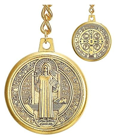 BOBIJOO JEWELRY - Schlüsselanhänger Heiliger Benedikt aus goldenem Metallschutz Glücksbringer