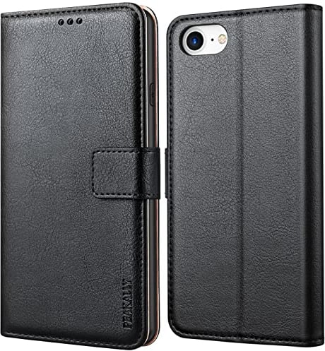 Peakally Handyhülle für iPhone SE 2022/SE 2020/iPhone 8/iPhone 7/iPhone 6S/iPhone 6 Hülle Leder Flip Klappbare Stoßfeste Magnetische [Standfunktion] [Kartenfächern] Schutzhülle- Schwarz