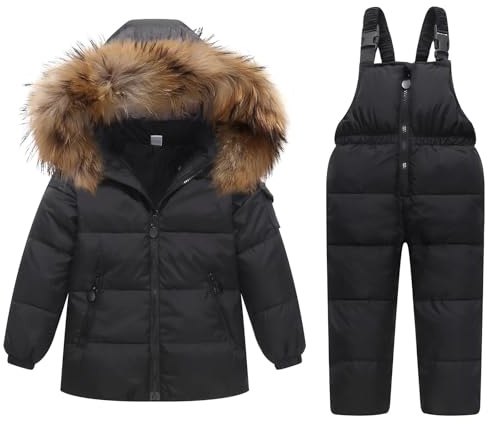Niño Niña Conjunto de Esquí, Chaqueta con Capucha + Pantalón de Esquí Impermeable Traje de Nieve 2 Piezas Traje de Esquí Abrigos de Pluma Pantalones de nieve Pantalones de Babero, Negro 4-5 Años