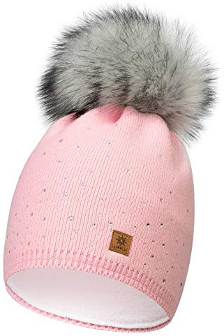CLEOSTYLE Damenmütze Wintermütze Bommelmütze Strick Kunstfellbommel 556 (Rosa)