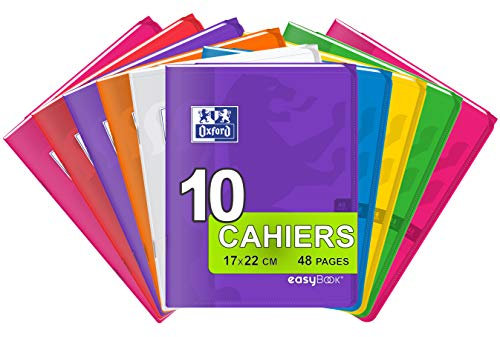 OXFORD EasyBook Lot de 10 Cahiers Agrafés Petits Formats 17 x 22cm 48 Pages Grands Carreaux Seyès 90gr Couleurs Assorties