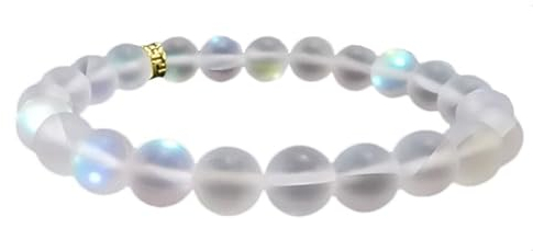 liuduo Stone Armband für Damen, Natural Stone Beaded Handmade Armband, 7 Chakra Vintage Mermaid Glass Crystal White Moonstone Shining Beaded Elastic Band für Frauen Männer Paar Charm,