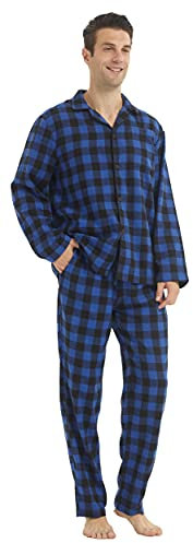 YUSHOW Ensembles de Pyjama Homme à Carreaux Coton Vêtements de Nuit Manche Longue Haut et Bas, Plaid Bleu Noir, L