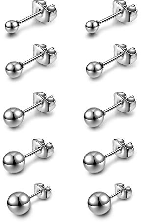 AllerPierce Kugel Ohrstecker 10 Stücke Edelstahl Ohrstecker Set 3-8mm Studs Perlen Ohrringe Knorpel Ohr Piercing Unisex Ohrschmuck Silber Gold Schwarz Rosegold