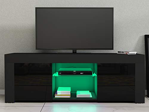 Panana 120cm LED TV Stand Cabinet Unit with Glass Shelf Carcass in Black Matt Body Black High Gloss Door