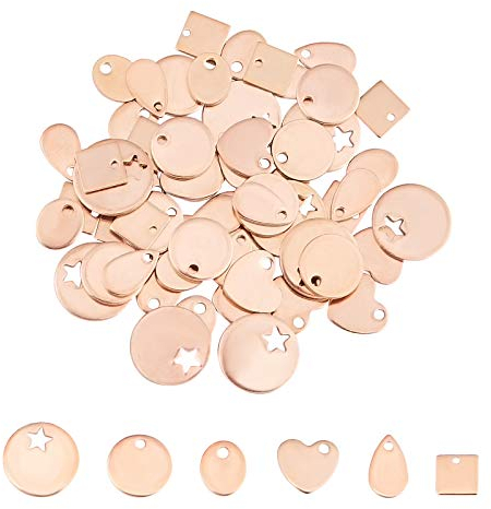 UNICRAFTALE 60 pz 6 stili Oro Rosa Etichette per Timbratura In Bianco 304 ciondoli In Acciaio Inossidabile Piatto Rotondo e Cuore e Quadrato e Ovale e Lacrima Charms per Creazione di Gioielli