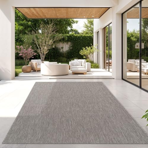 TT Home Teppich Für Outdoor Wetterfest Küchenteppich Balkon Terrasse Unifarbenes Design Modern, Farbe:Grau, Größe:140x200 cm