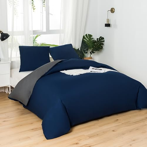 MOHAP Parure de Lit Réversible avec Fermeture éclair Microfibre 240x260 cm Bleu + Gris Foncé et 2 Taies d'oreiller 65x65 cm Housse de Couette Adulte