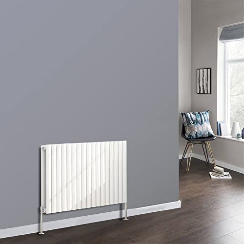 NRG 600x1003mm Gloss White Oval Radiator Horizontal Designer Double Panel Radiators Bathroom Central Heating with Angled Manual Pair of Valves