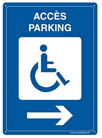 AUA SIGNALETIQUE - Panneau Prépercé (4 Trous) avec Angles arrondis - PVC Rigide 1.5 mm - (210x300 mm, Accès Parking PMR à Droite)