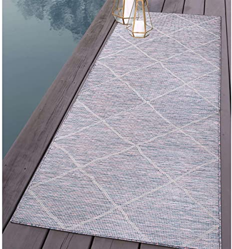 carpet city Outdoor Teppich Terrasse Wetterfest - 80x250 cm Läufer - Balkonteppich Blau-Pink - Raute Muster - In-& Outdoor Teppiche für Veranda, Garten, Küche, Bad oder Wohnzimmer