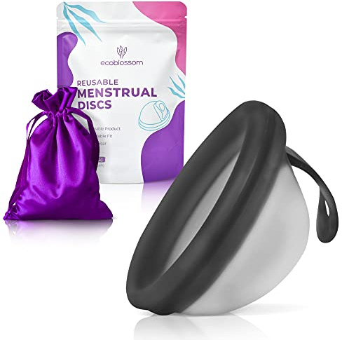 Ecoblossom Reusable Menstrual Disc - Soft Period Disc for Women Designed with Flexible, Medical-Grade Silicone Period Disc. 1 Small Size Black Disc with Tab.