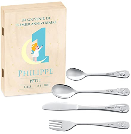 Maverton Set de Couverts De Table Bebe 1 An personnalisé - Coutellerie dans coffret imprimé - Couvert Enfant Inox Thème Animal - Cadeau Enfant 1 an anniversaire - Cadeaux bébé - Couverts gravés - Ciel