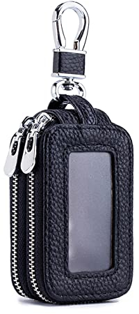 PORRASSO Astuccio Portachiavi Vera Pelle Auto Del Sacchetto Portachiavi Doppia Cerniera Portatile Raccoglitore Chiave Car Key Case per Uomo Donna Nero