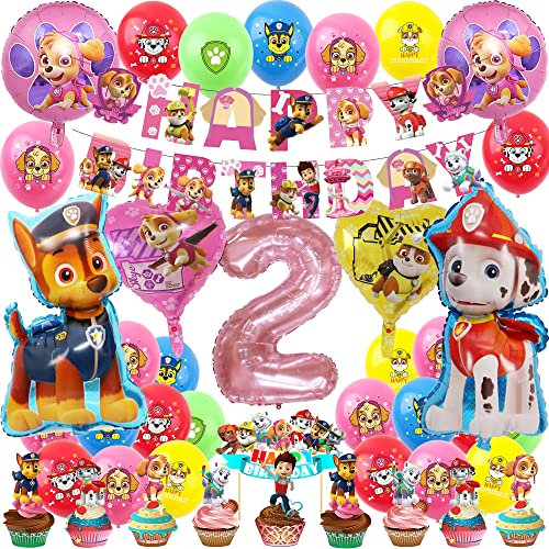 Patrol Geburtstagsdeko Mädchen Hund Geburtstag Party Rosa Ballon Deko Set für Mädchen 2 Jahre Helium Folienballon Banner Toppers Dekoration (Zahl 2)