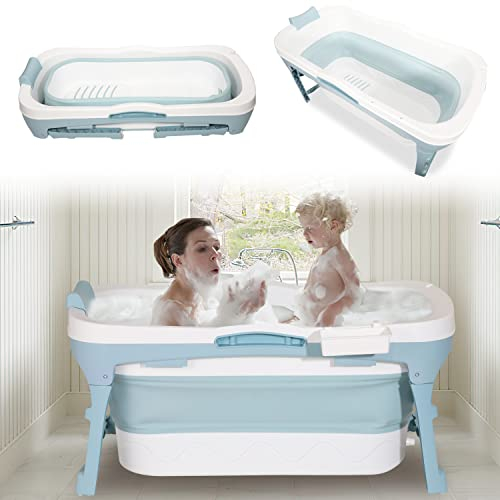 Ikodm Baignoire pliable pour adulte 118 x 60 x 50 cm,Pliable - Avec couvercle - Convient pour petite salle de bain - Bleu