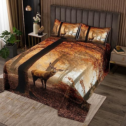 Wald Hirsch Steppdecke Set Braun Elch Bettüberwurf für Kinder Jugendliche Erwachsene Dekorativ Natur Wald Tier Motiv Tagesdecke Hirsch Muster Bettüberwurf 220x240cm Atmungsaktives Mikrofaser