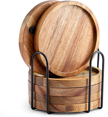 Acacia Wood Coasters for Drinks with Lip, WLWNWFT Round Drink Coasters with Holder for Coffee Table Dining Table Wooden Table Coasters for Farmhouse Desk, Set of 6