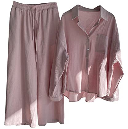 Susenstone Ensemble en Lin Femme 2 Pièces Survêtement Coton et Lin Ete Chic Elegant Grande Taille Chemise + Pantalon Large Décontracté Sport Jogging Respirant Plage Tops + Pantalon 2 Piece Suit Rose