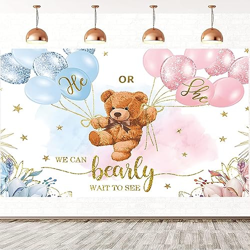 2.1x1.5m Foto Hintergrund Gender Reveal Bär Luftballons Blau oder Rosa He or She We Can Bearly Wait to See Fotografie Hintergrund Gender Reveal Party Dekorationen Banner Fotostudio Requisiten