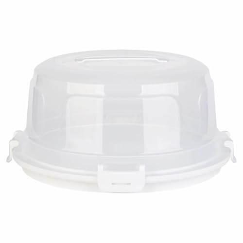 Engelland Runde Kuchen-Transportbox mit Griff, Deckel und 4-fach Klick-Verschluss, Farbe: Weiß-Transparent, Ø 36,50 cm x H 17,50 cm, BPA-frei, Torten-haube, Stückeinteilungshilfe