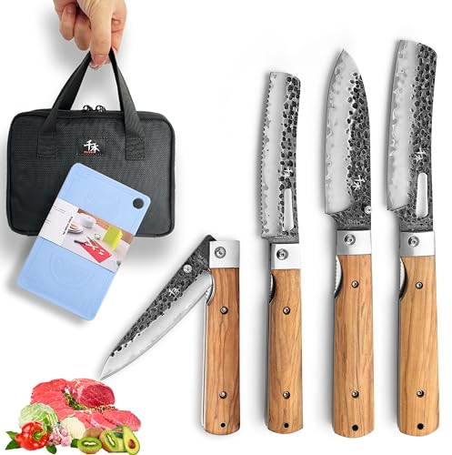 SENBON 440 Geschmiedetes Edelstahl Tragbares Küchenmesser Faltbares Kochmesser Obst Messer 4-teiliges Set mit Olivenholz Griff