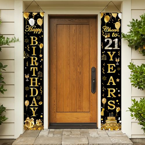 Yontree Happy 21st Birthday Door Banner, Black Gold Fabric 21st Birthday Porch Sign Banner for Boys & Girls, 21 Years Old Party Decorations for Indoor & Outdoor Background Decor